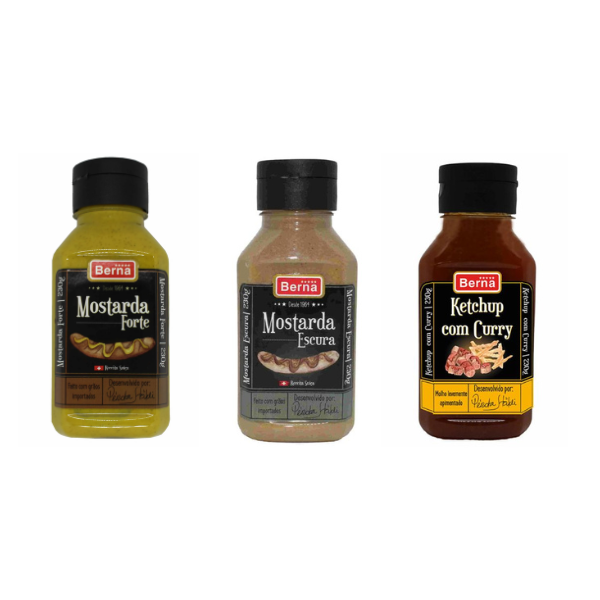 Kit Molhos Berna: Mostarda Escura + Mostarda Forte + Ketchup com curry