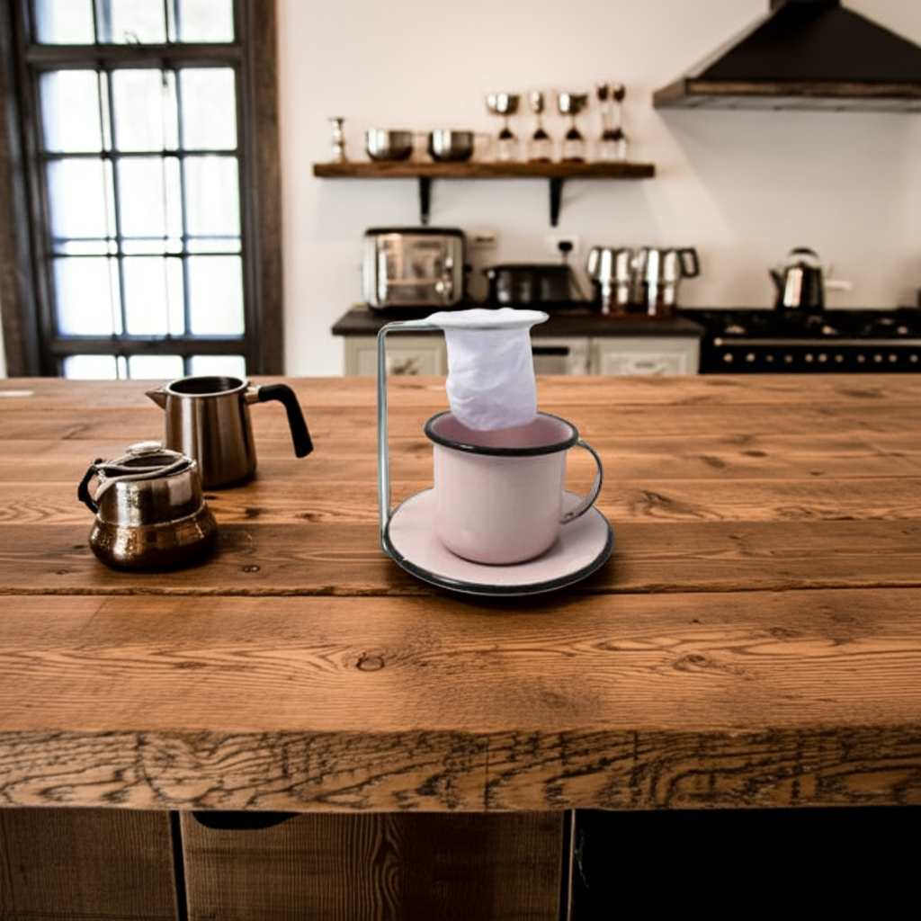 Kit Café Retrô: Coador com Caneca e Pires Rosa Vintage